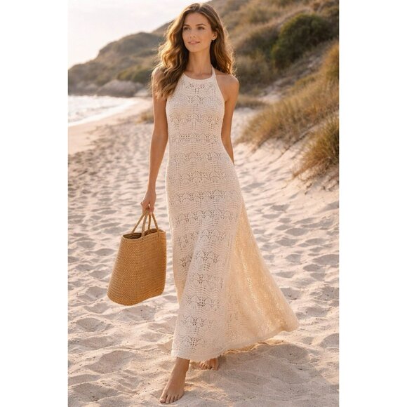 Miou Muse Dresses & Skirts - Miou Muse Abigale Crochet Maxi Dress Cream Boho Knit APIARI Size Large